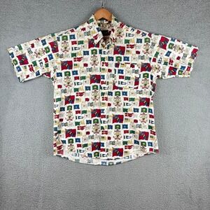 Vintage Pleats Shirt Mens Large Allover Flag Print Graphic Made in USA Button Up